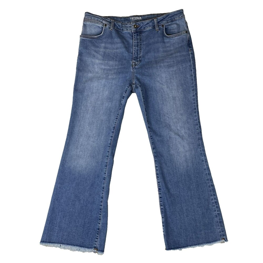 Tecovas High Rise Flare Jeans Womens 33 Cropped Raw Hem Blue Stretch 36x27